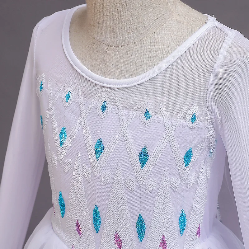 ﻿    فستان فروزن إلسا الأميرة للفتيات التنكري فستان ملكة الثلج بأكمام طويلة أبيض لحفلات إلسا ملابس الأميرة ملابس الأطفال