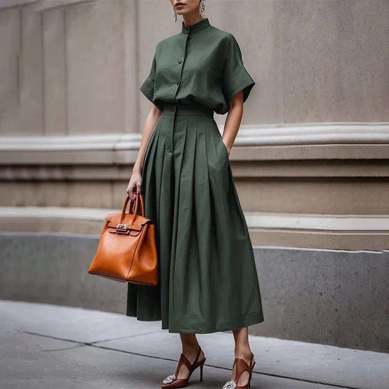 

Женский летний комплект из двух предметов, деловой повседневный льняной топ с короткими рукавами и длинной юбкой, уличный костюм, женский одинаковый комплект