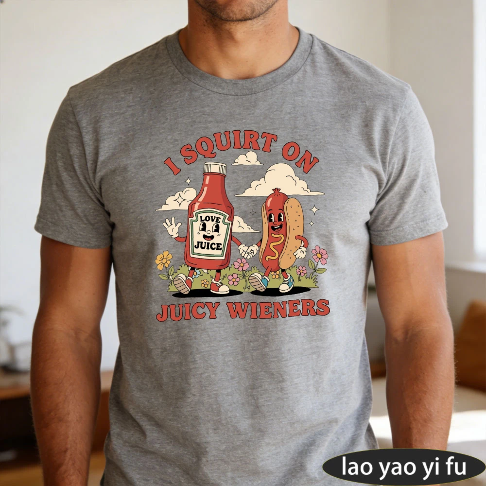 Cartoon Grilled Sausage Summer Food Graphic Casual T Shirt Men Snack Humor Slogan Retro Cute Basic Garment For Summer Trip
