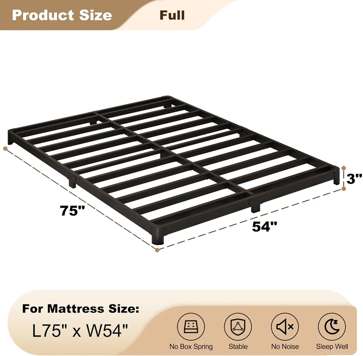3 Inch Low Full Size Bed Frame With Rounded Corner, Heavy Duty Metal, Easy Assembly, Noise Free, Black