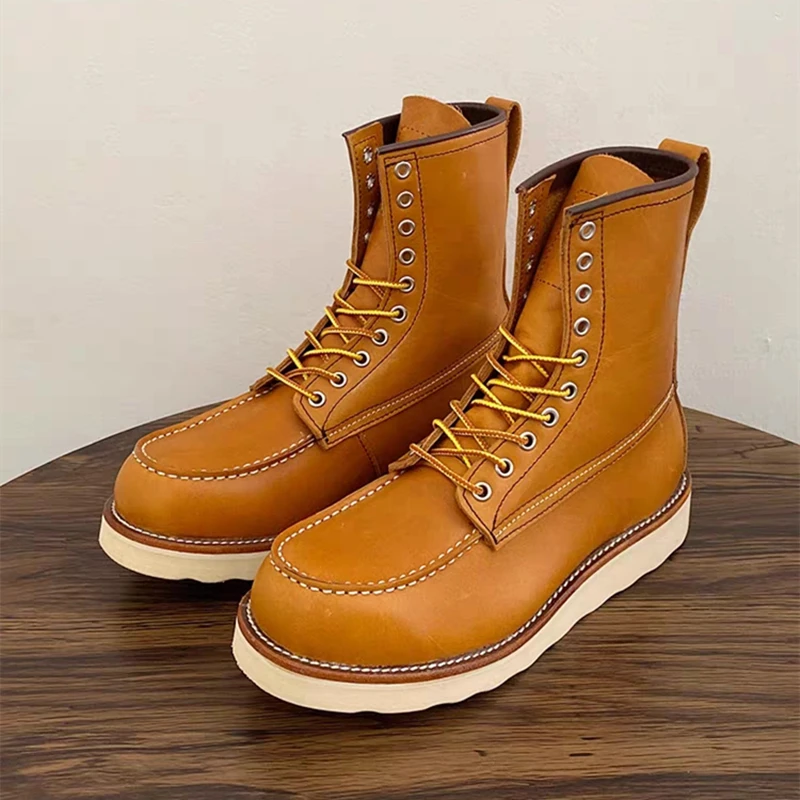 Autumn Winter High Boots British Men Vintage Genuine Leather Shoes Handmade Tooling Mid-calf Outdoor Wings Motorcycle Boots 877