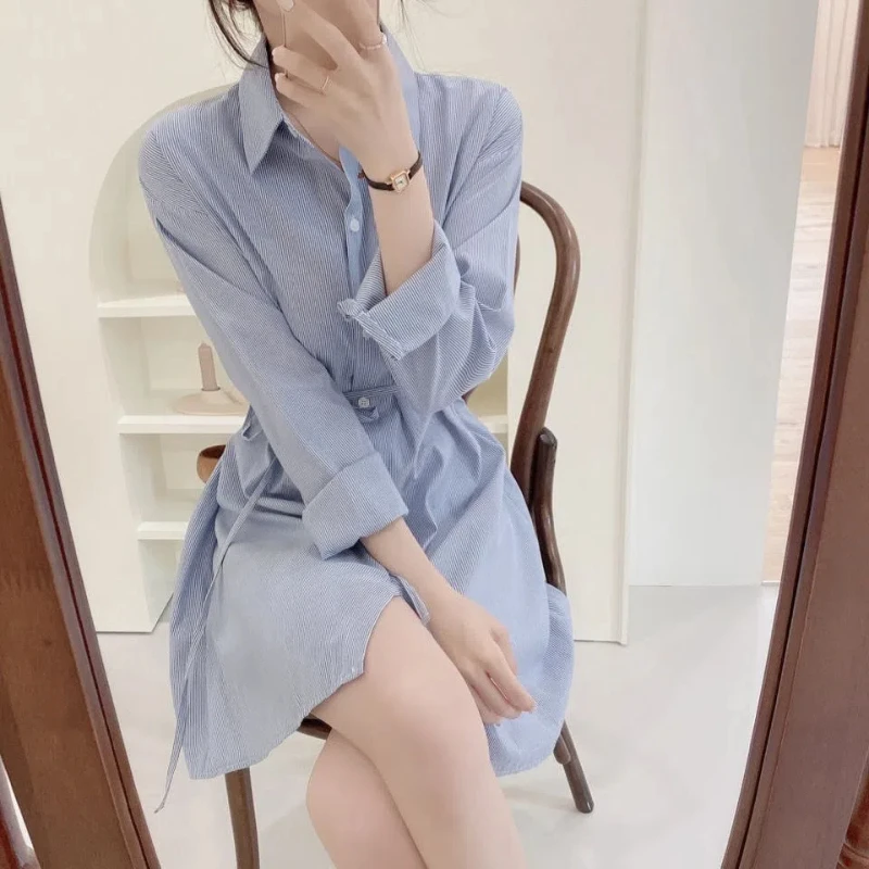 Plus Size Simplicity Polo Neck Blouse Spring Long Sleeve Loose Striped Street Casual Shirt Tops Vintage Fashion Women Clothing