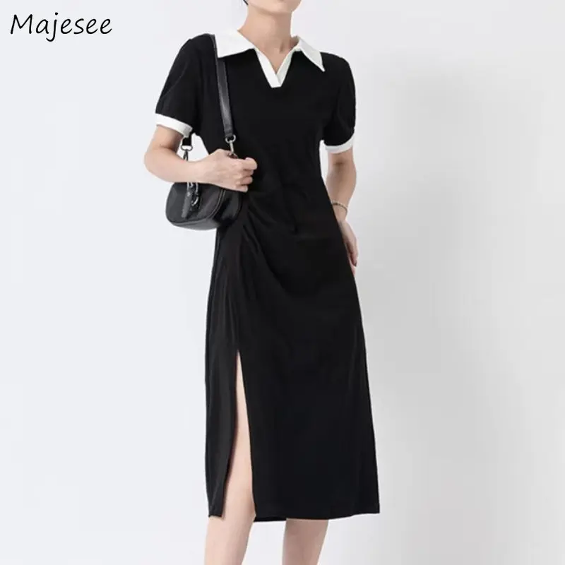 

Dresses Women Side-slit Simple Mid-calf Casual Vintage Irregular Sexy Chic Summer Korean Style Ins Vestidos All-match College