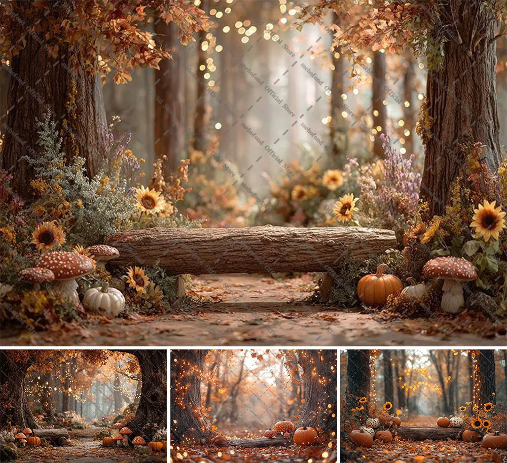 Mehofond Photography Background Fall Autumn Forest Pumpkins Lights Maple Leaf Kids Birthday Portrait Decor Backdrop Photo Studio