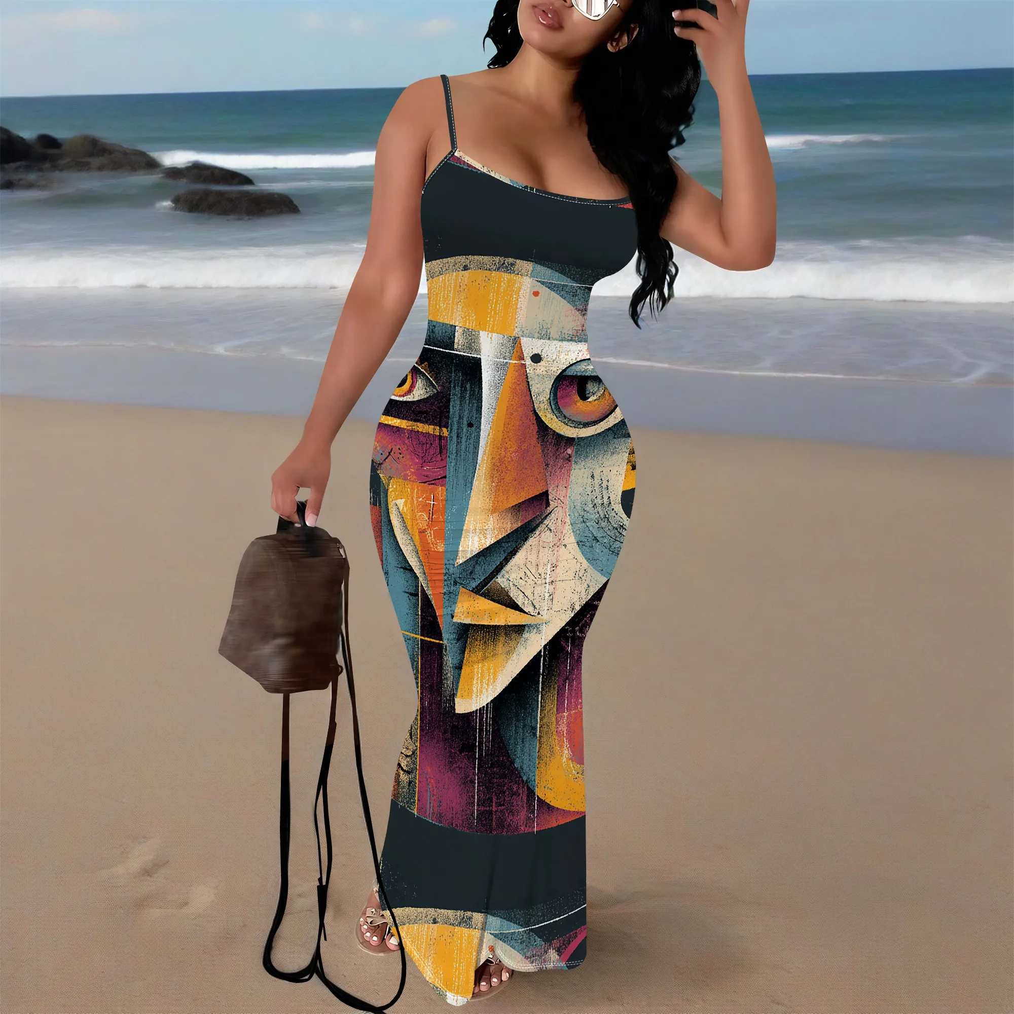 

Women's Abstract Face Print Maxi Dress Bodycon Sling Long Party Dress Art Inspired XS-3XL