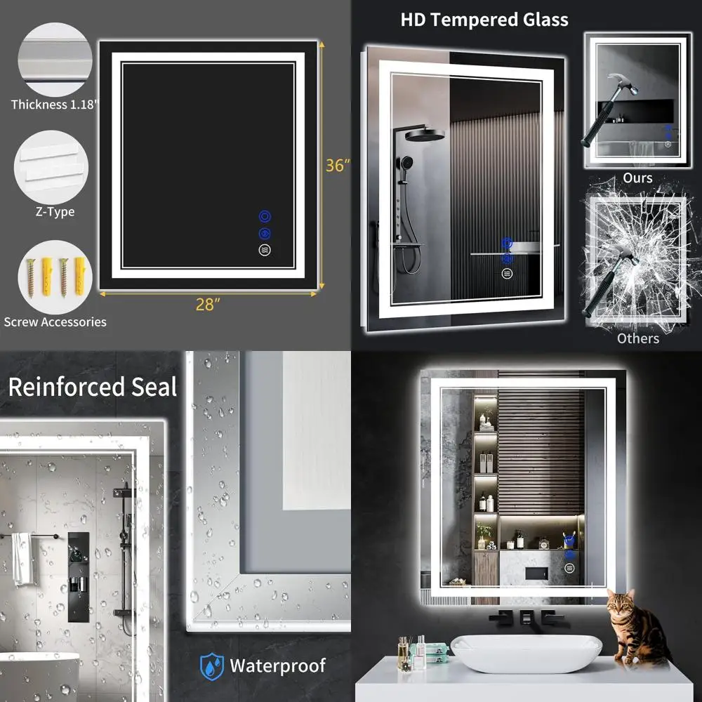 مرآة حمام LED مضادة للضباب، 36 × 28، أضواء قابلة للتعتيم، 3 أوضاع ألوان، زجاج مقسى، مقاومة للماء #1