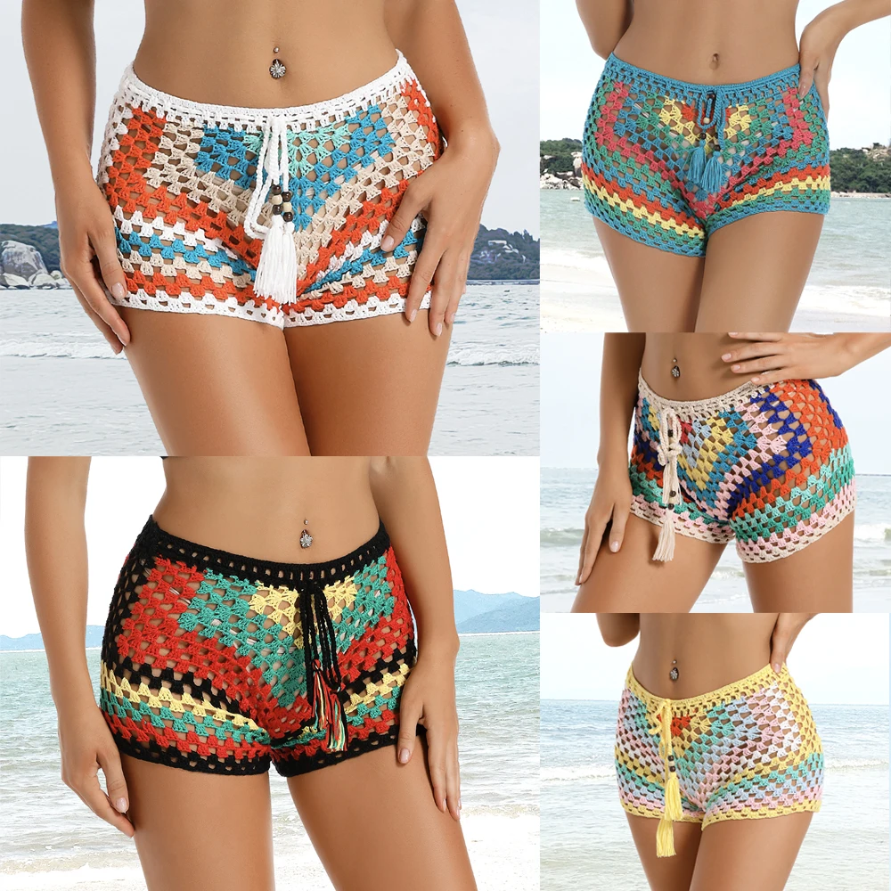 Hand Crochet Multi Color Knitted Rainbow Short Bikini Bottom Women Bathing Pant Beachwear