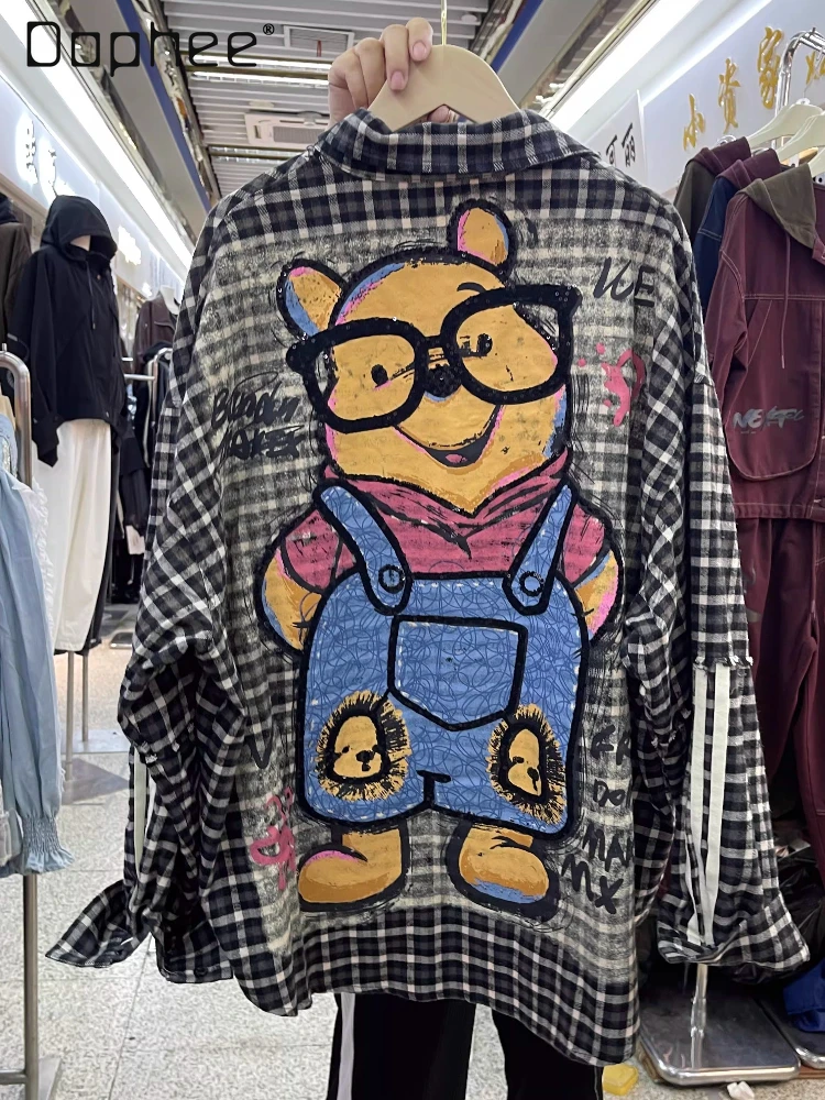 

Cartoon Print Women Tops 2026 Spring New Loose Mid-Length Plaid Cartoon Long Sleeve Shirt for Women