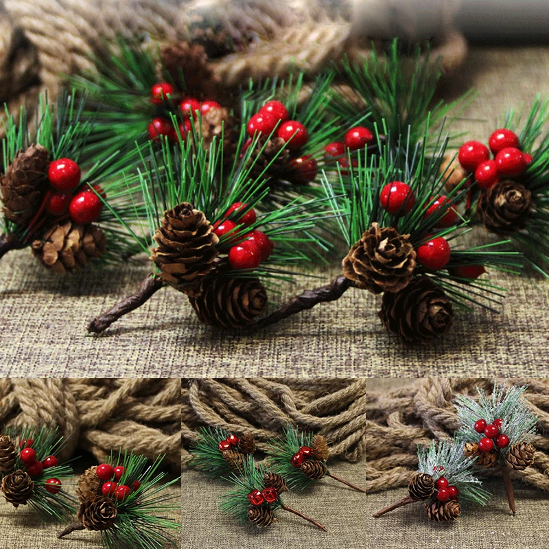 1Pc Artificial Red Berry Flower Pine Picks Holly Branches DIY Christmas Tree Floral Bouquets Garland Pine Cone Wreath Decor