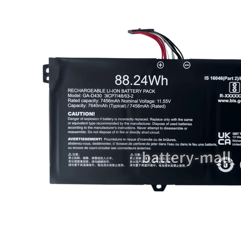 Brand new original equipment manufacturer GA-D430 Portable computer battery 88.24Wh 11.55V Applicable Gigabyte 27S00-D4300-CS0S