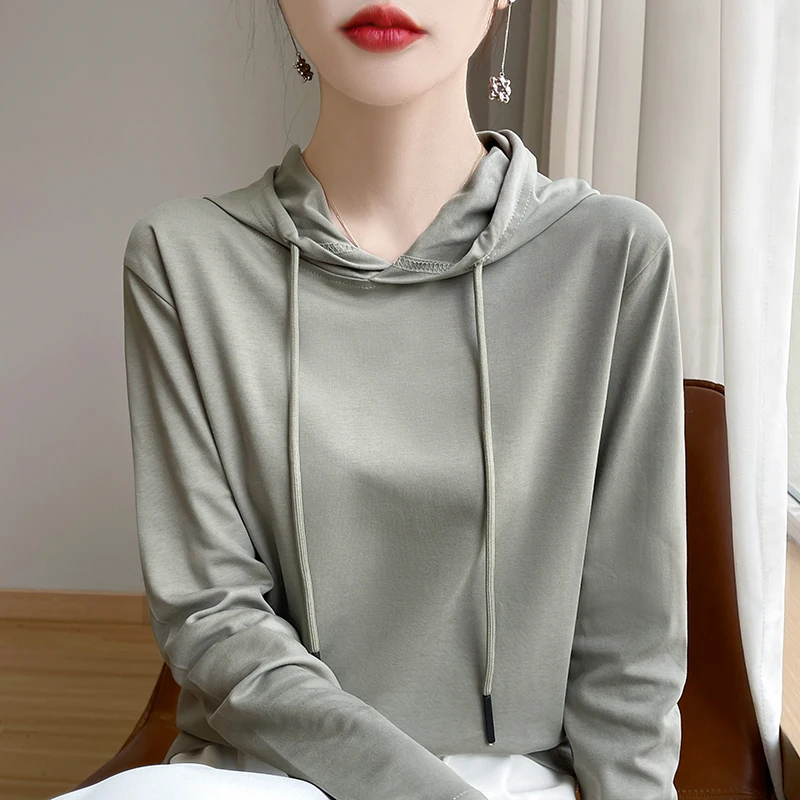 Spring and Autumn New Mercerized Cotton Hooded T-shirt Women's Cotton Joker Luxury Fashion Bottoming Shirt