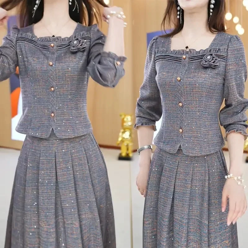 

2025 Lady Fashion New Long Skirts 2PCS Spring Autumn Female Large Size 4XL Maxi Skirt Two-piece Set Women Tops Long Skirt Outfit