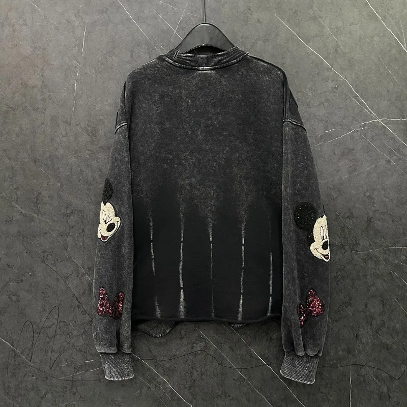 Autumn Heavy Industry New Style Distressed Embroidered Cartoon Crew Neck Sweatshirt Women's Loose Casual Versatile Pullovers Top