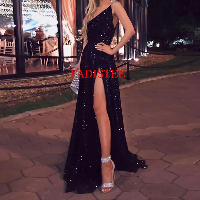 

New Style Robe De Soiree Black Sequins Evening Dresses One Shoulder Sexy Side Slit Vestidos Para Fiesta De Día Y Noche