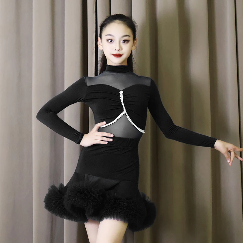 

Новинка 2023 года, детская одежда для соревнований по латинским танцам для девочек, плюшевая юбка с длинными рукавами, тренировочный костюм, костюмы для самбы, латинские костюмы XH3504