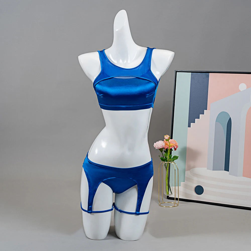 Hope&Win 2022 Newest Women\'s Pole Dance Wear Short Triangles And a Belt Imitating Suspenders Sexy Party Clubwear Blue Satin