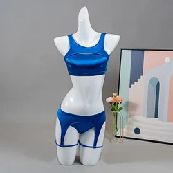 Hope&Win 2022 Newest Women's Pole Dance Wear  Short Triangles And a Belt Imitating Suspenders Sexy Party Clubwear Blue Satin