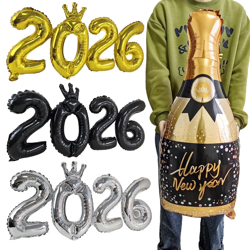 2026 الذهب الأسود تاج احباط عدد بالونات سنة جديدة سعيدة زجاجة نبيذ الشمبانيا بالونات 2026 ليلة رأس السنة زينة الحفلات #1