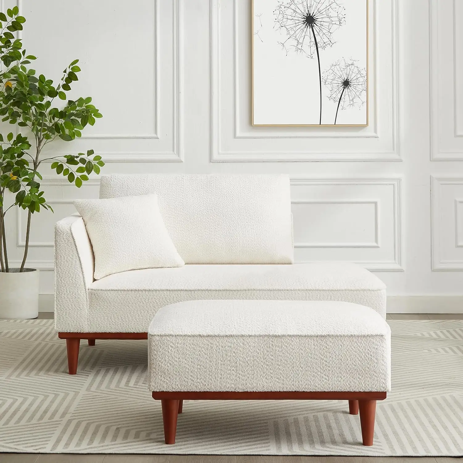72 Inch Upholstered Chaise Lounge Chair Indoor with Ottoman ,Left Arm Boucle Facing Fluffy Reading Chair with 1 Throw