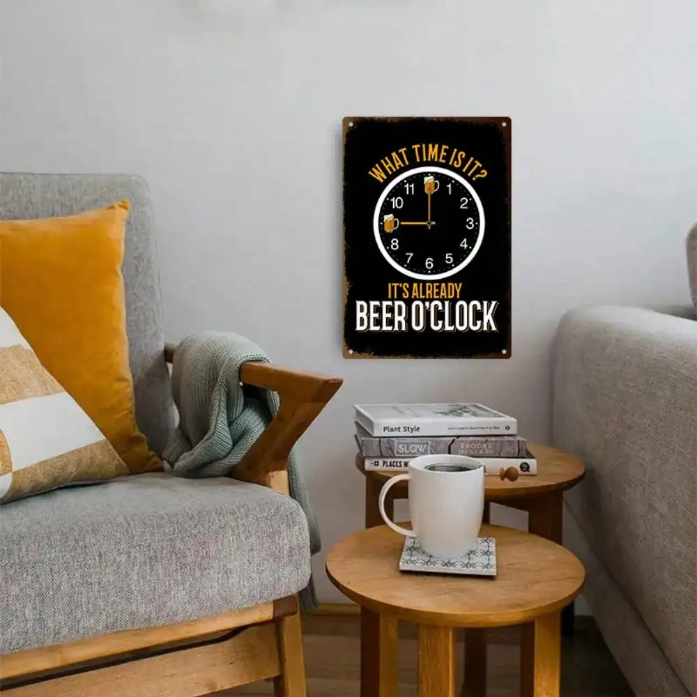 1PC Tin Sign Beer O'Clock - Vintage Bar/Home Pub Decor, Hand-Drawn Clock & Beer Glass, 8x12in/20x30cm