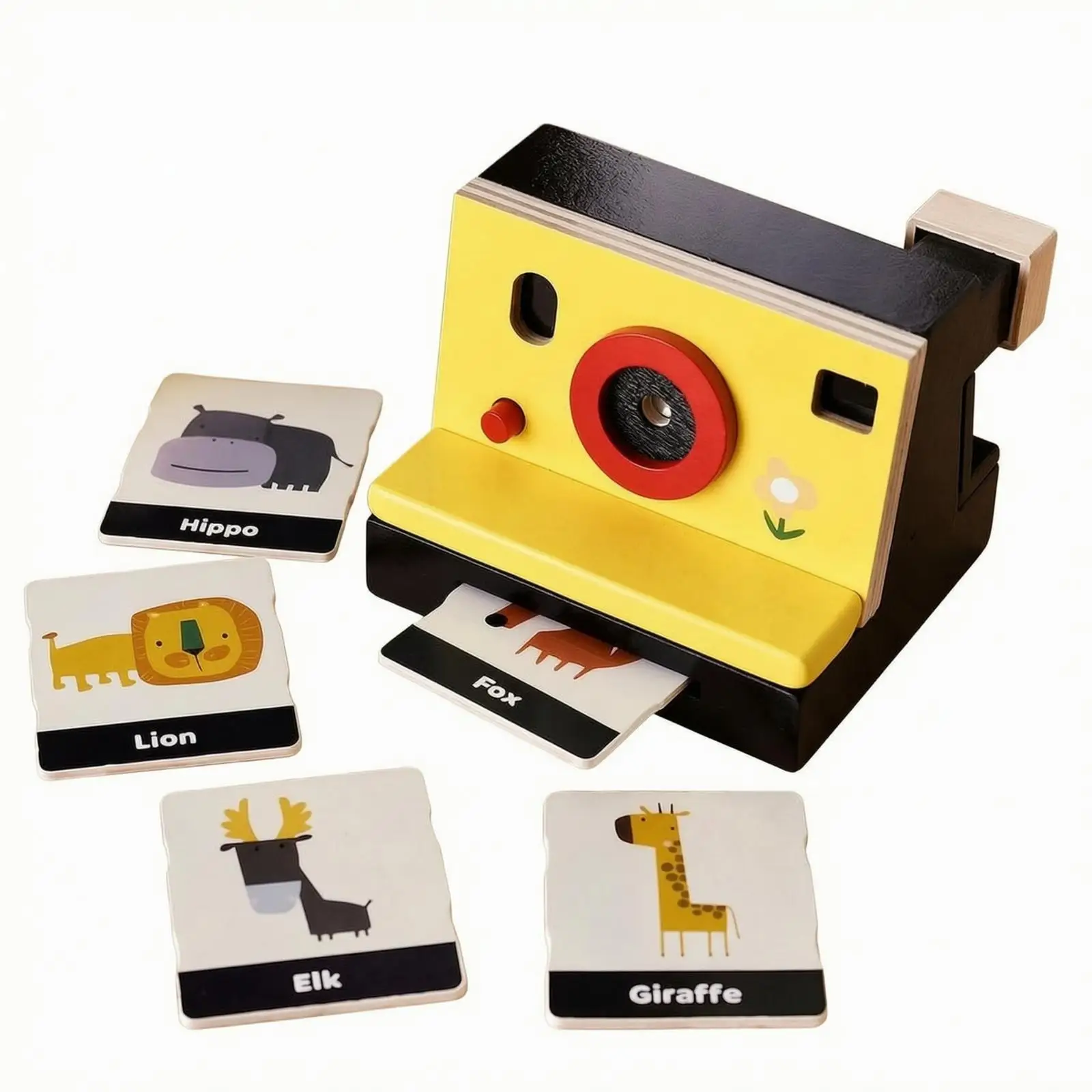 Wooden Retro Camera Plaything for Children with Animal Picture Cards Fine Motor Skills Toy Montessori Learning