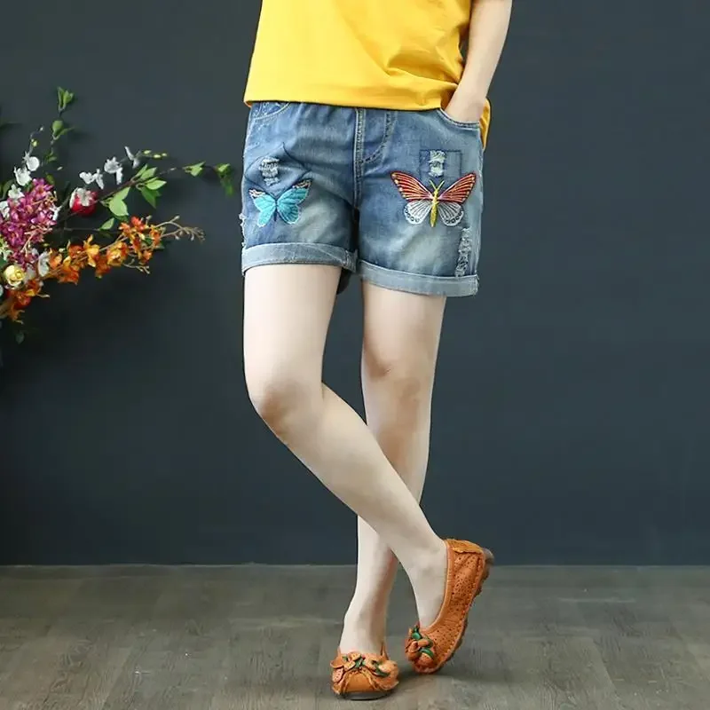 Retro Elastic Waist Denim Shorts Women's Summer New Butterfly Embroidered Ripped Straight Casual Curling Pants