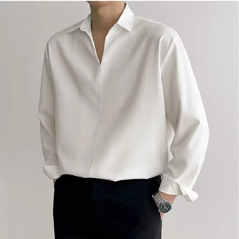 Korean New Lapel Small V Design Men Shirts Summer Long Sleeve Draped Casual Shirt Men Loose Solid Color White Shirts for Men