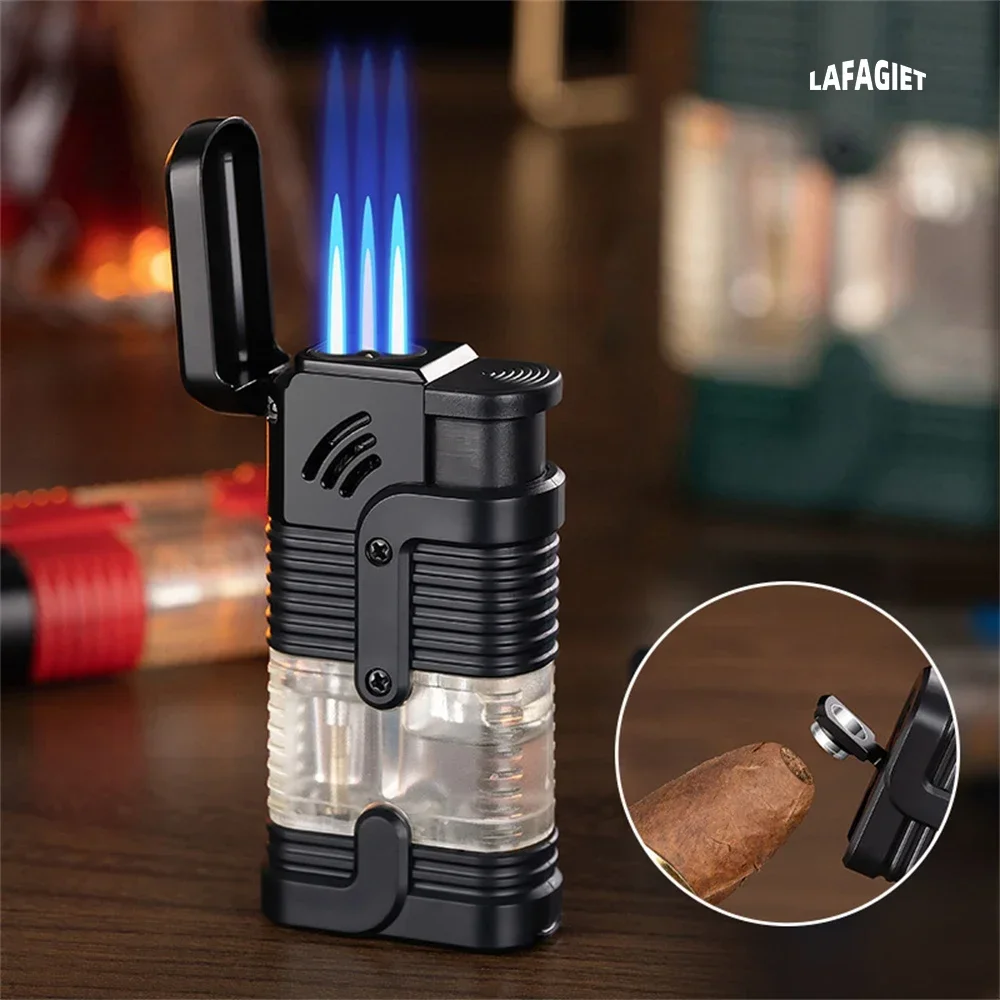 Three Flame Cigar Lighter Windproof Powerful Straight Fire Jet Lighters With Cigar Clippers Transparent Body Butane Gas Lighter