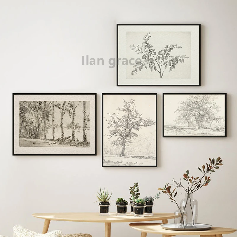 Vintage Flower Plants Sketch Art Prints Neutral Gallery Wall Art Pictures Canvas Painting Farmhouse Country Decoration Posters