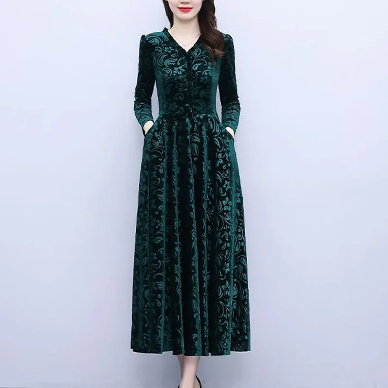 Women Golden Velvet Dress 2024 New Printed Long Sleeved V-neck Party Dress Middle Aged Women Clothing Long Dresses Vestidos 4XL