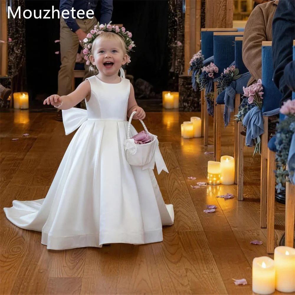 

Платья для девочек Mouzhetee: А-силуэт, круглый вырез, с цветами, для свадеб и вечеринок, простые выпускные платья с бантом, на заказ