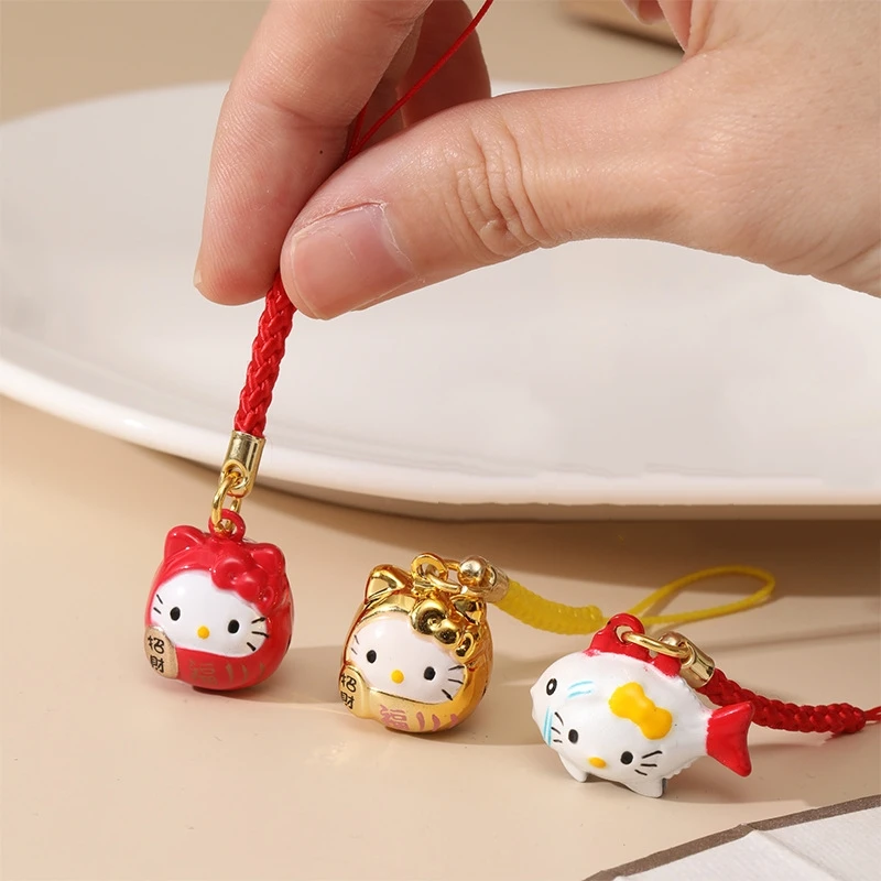 Hello Kitty Lucky Cat Bell Keychain Good Luck Pendant Anti Loss Mobile Phone Hanging Rope Lucky Cartoon Anime Bell Bag Jewelry