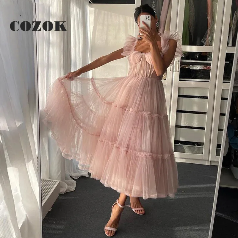 

Simple Pink Short Evening Dress Spaghetti Straps Tulle Tea-Length Sleeveless A-LINE Prom Gowns Vestidos De Gala Custom Size YH07