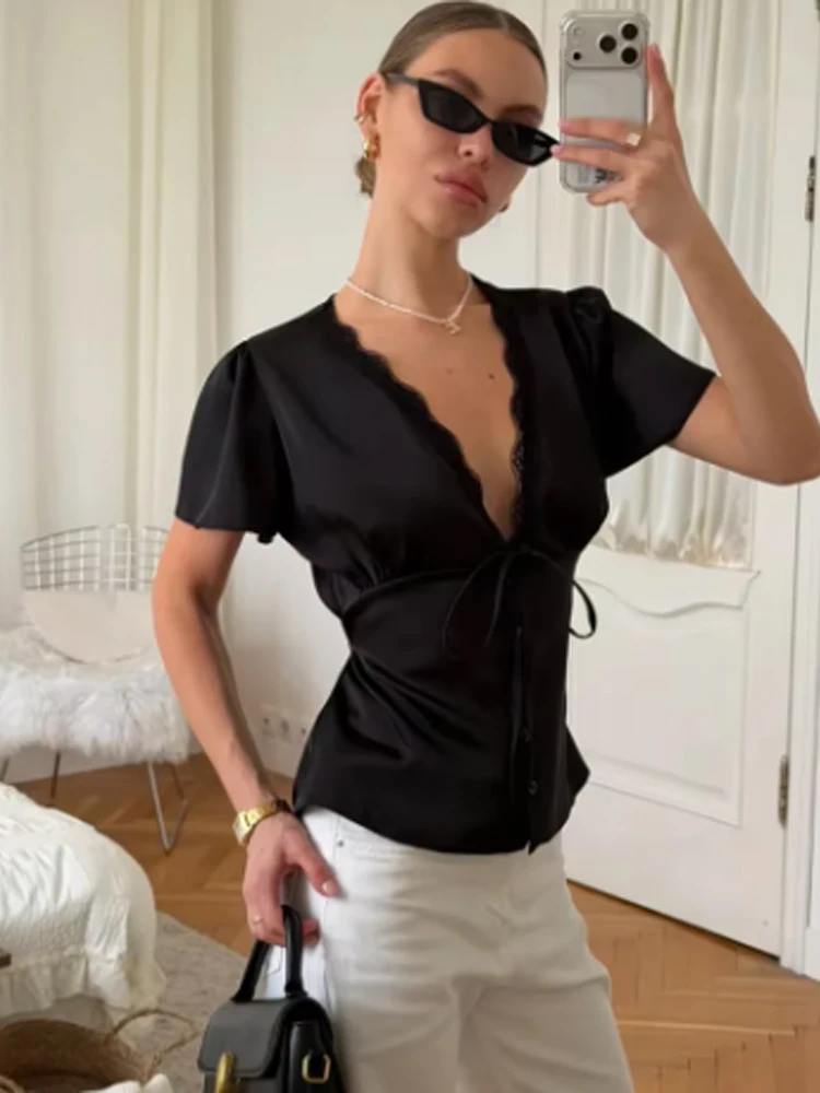 Women Black Glossy Satin Crop Top Scalloped Lace Deep V Neck Mini Puff Short Sleeve Front Tie Waist Slim Commuter Date BlouseTop