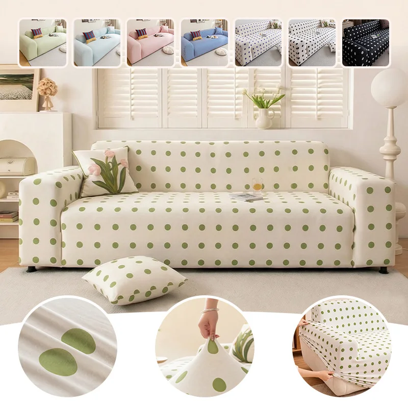 1/2/3Seaters Polka Dot Cooling Ice Silk Sofa Cover Stretch Dust-proof Couch Covers Furniture Protection Slipcover All-Season Use