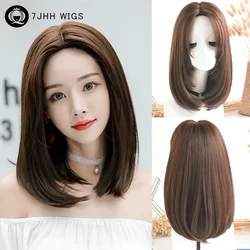 7JHH WIGS Short Straight Chocolate Bob Wig for Women Daily Use High Density Synthetic Layered Middle Part Dark Brown Hair Wig