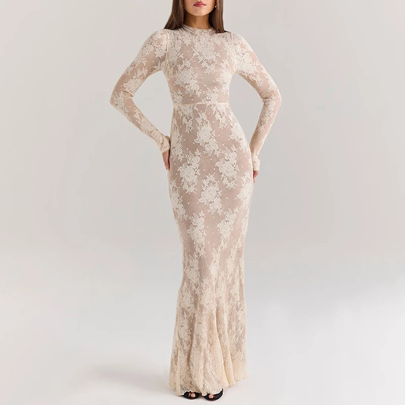 Vestido de estilo francés con estampado calado para mujer, vestido de encaje ajustado de manga larga para banquete, vestido de noche plisado de cintura alta con cuello redondo Sexy