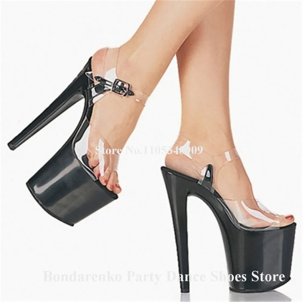 Bondarenko Clear PVC Patchwork Black Stiletto Heel Sandals Peep Toe Transparent High Platform 20cm Thin Heel Dance Shoes