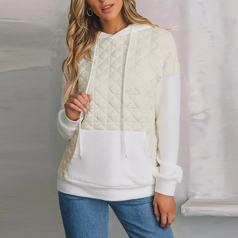 

2025 Autumn New Color Blocked Hooded Long Sleeved Top for Women's Casual Versatile Drawstring Shoulder Sweatshirt for Women