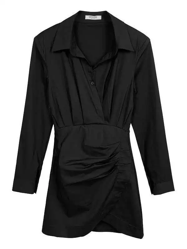 WOMENGAGA Korea Schlank Schulter Polsterung Sexy Taille Schließen Feminine Gefaltetes Hemd Hüfte Gewickelt Kleid Weibliche Kleid Elegante W05U