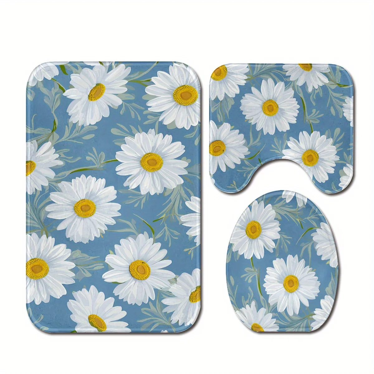 

Комплект ковриков для ванной комнаты из 3 предметов с принтом ромашки, включает прямоугольный напольный коврик, контурный коврик и чехол на сиденье унитаза для ванной комнаты.