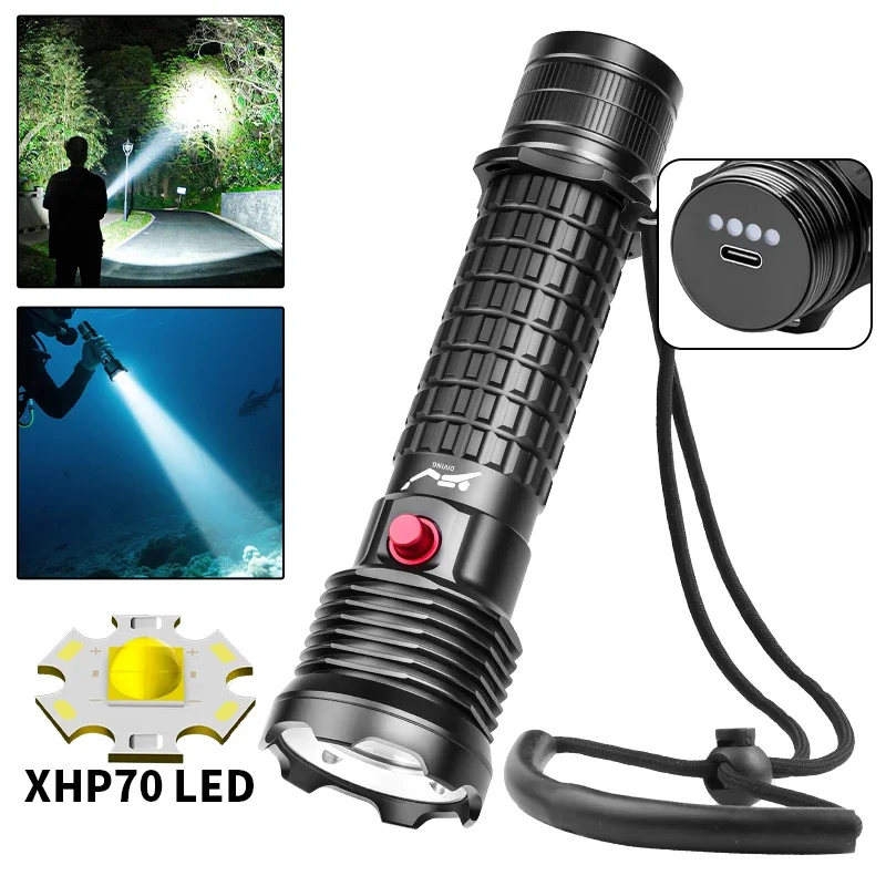 

Diving Flashlight Rechargeable Strong Light XHP70 Focus Dive Torch Waterproof Submersible Lighting IPX-8 Underwater Flash Light