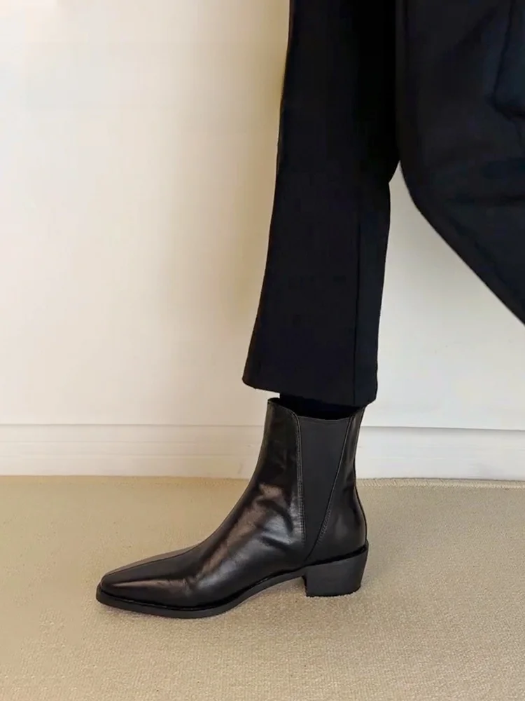 

Genuine Leather Pointed Toe Chunky Heel ort Boots Women's 2025 Autumn Winter New Sle Elastic Chelsea Retro Briti ...