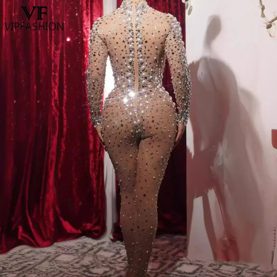 VIP FASHION Rhinestone Pearl Show Jumpsuit for Club Party Bar Glittery Women One-Piece Suit Holiday Zentai Bodysuit