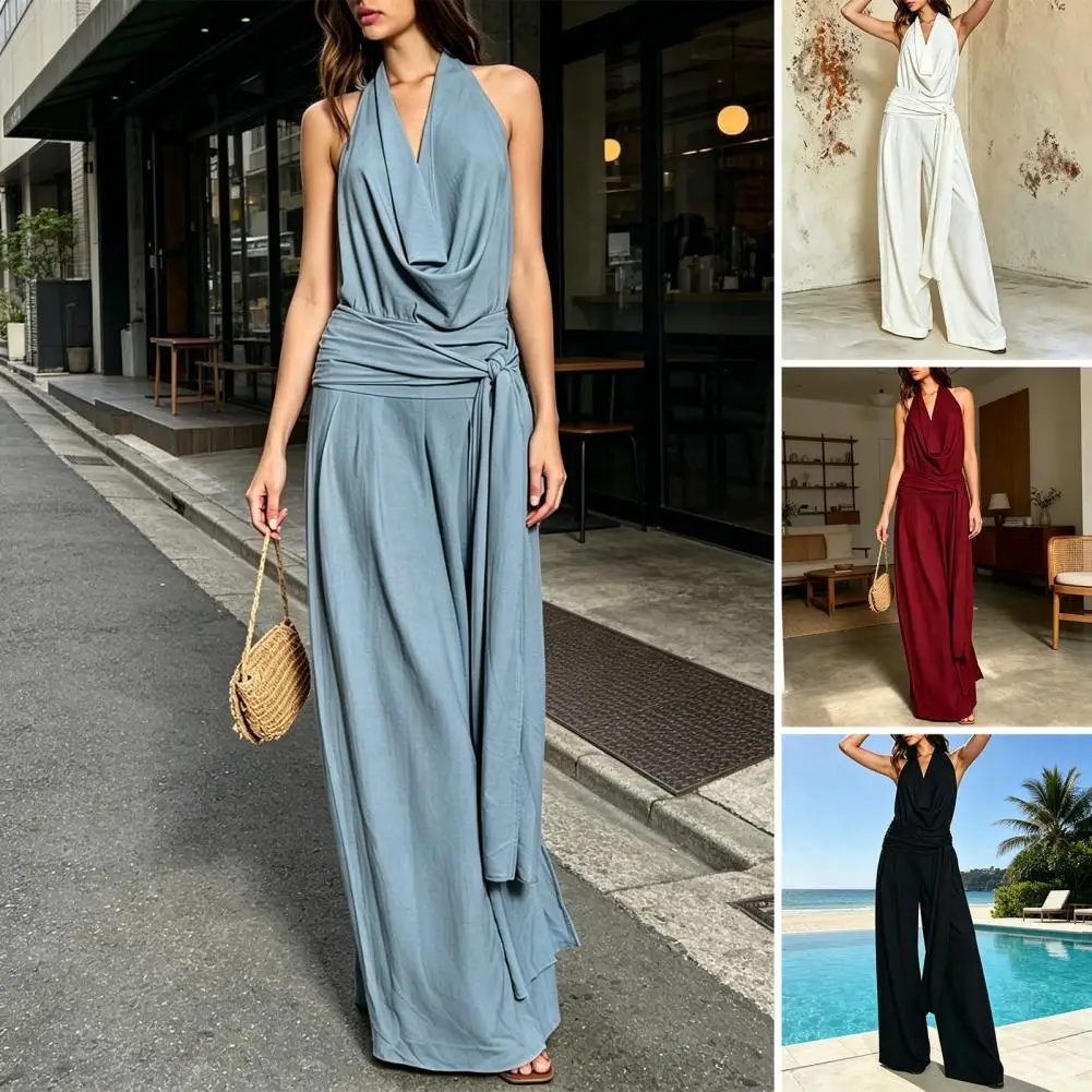 

Polyester Jumpsuit Halter Jumpsuit for Women Cowl Neck Wide Leg Rompers Tie Waist Backless Summer One Piece Outfit Women