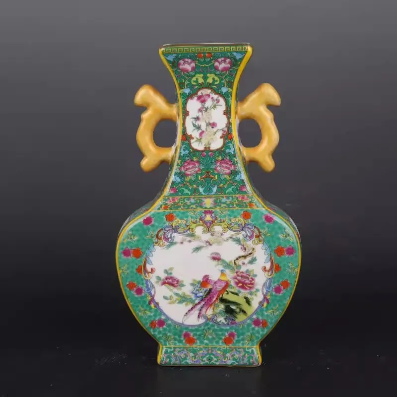 Chinese Qing Yongzheng Green Enamel Porcelain Flowers Birds Pattern Vase 10.0