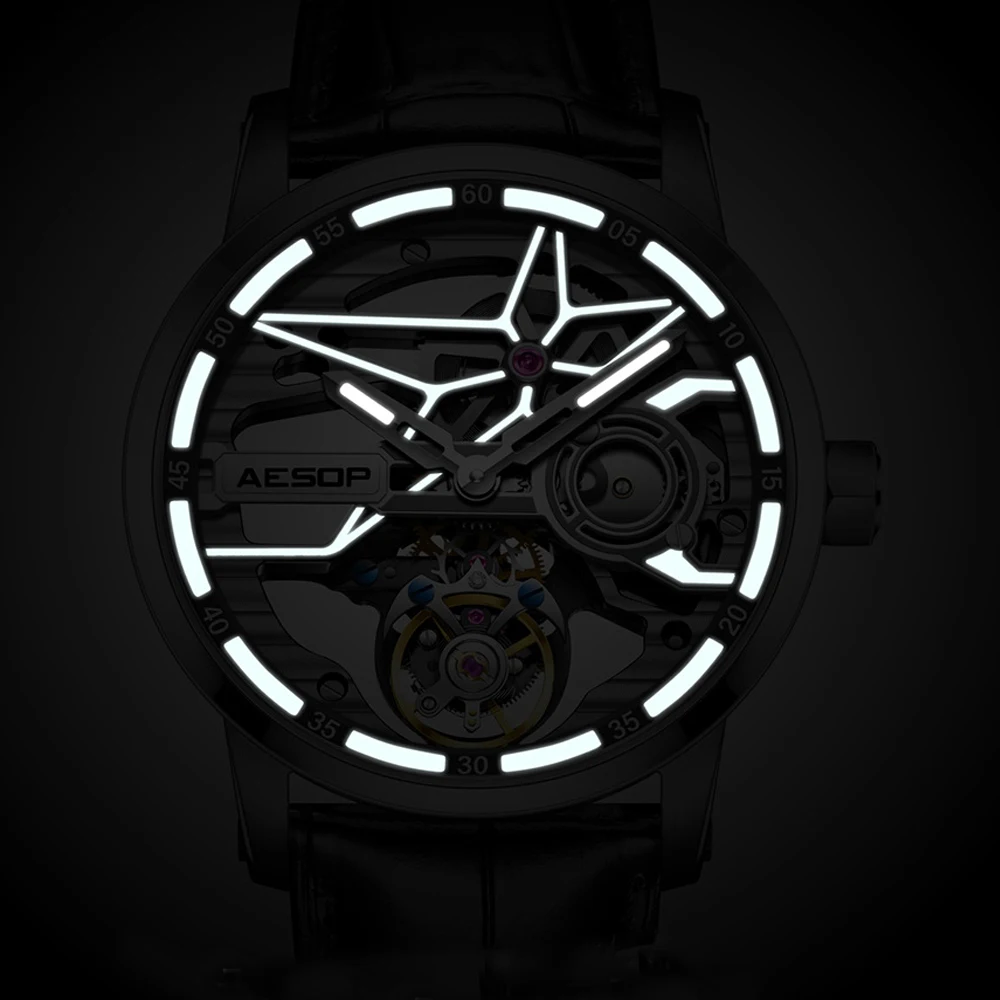 AESOP Flywheel Tourbillon Men Watch Skeleton Manual Double-Sided Hollow Mechanical WristWatch Sapphire Luminous Waterproof Clock