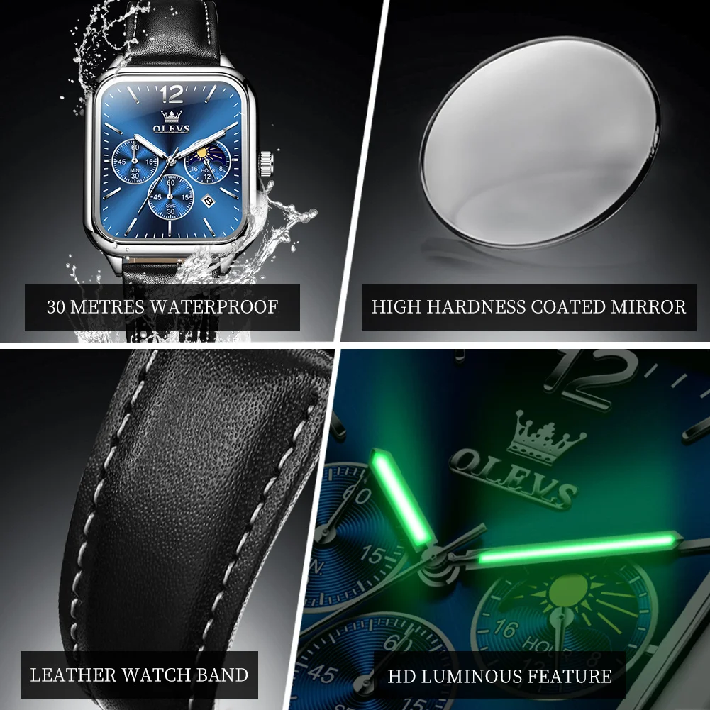 OLEVS 9914 Orologio da uomo al quarzo Orologio da polso multifunzionale con nastro sportivo quadrato Blet Orologio da uomo Luna 30m Scatola luminosa impermeabile regalo