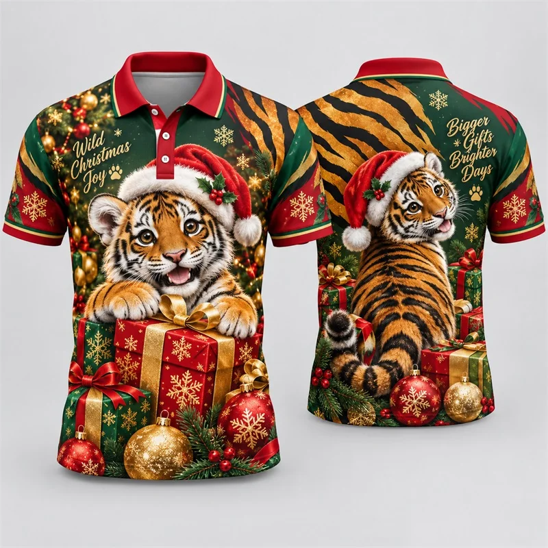 Men Christmas Tiger Cub Polo Shirt Santa Hat Gift Box Snowflake Bauble Print Short Sleeve Polo Tee Holiday Casual Tops For Male