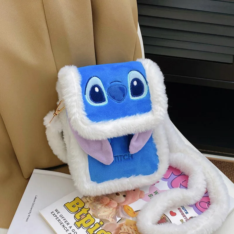 Disney 2024 New Plush Cartoon Stitch Women’s Crossbody Bag Fashionable Cute Casual Travel Mobile Phone Bag